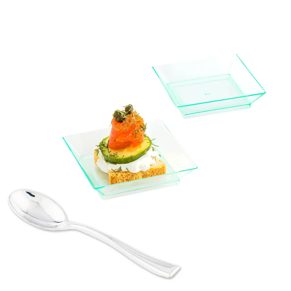 100 Square Seagreen 2.5" Plastic Mini Modern Plates and 100 Silver Plastic 4" Mini Spoons