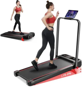 Incline Foldable Treadmill, Walking Pad with Handle Bar 3 Level Incline, 300 Lbs Portable Treadmill for Home Office, under Desk Compact Treadmill with LED Display Remote Control & APP