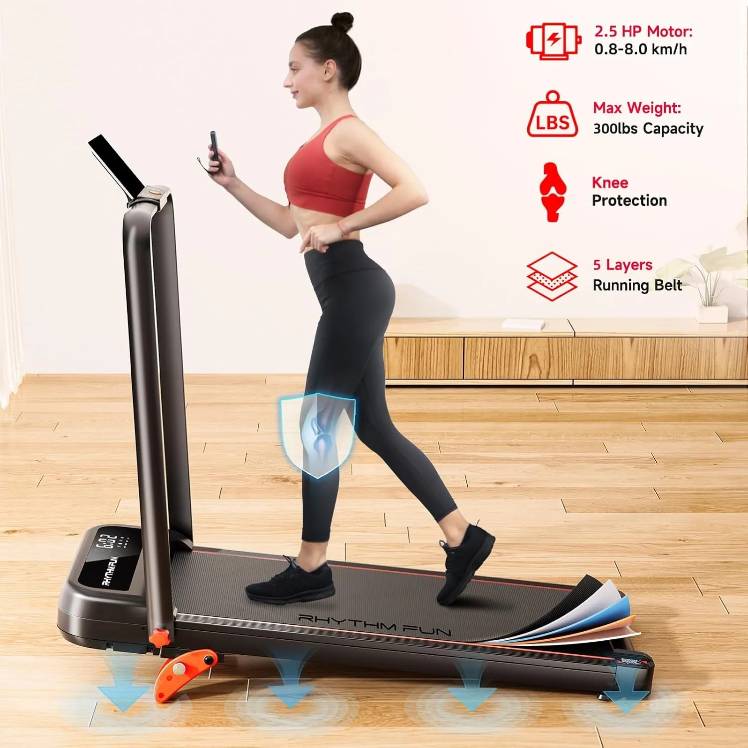 Incline Foldable Treadmill, Walking Pad with Handle Bar 3 Level Incline, 300 Lbs Portable Treadmill for Home Office, under Desk Compact Treadmill with LED Display Remote Control & APP