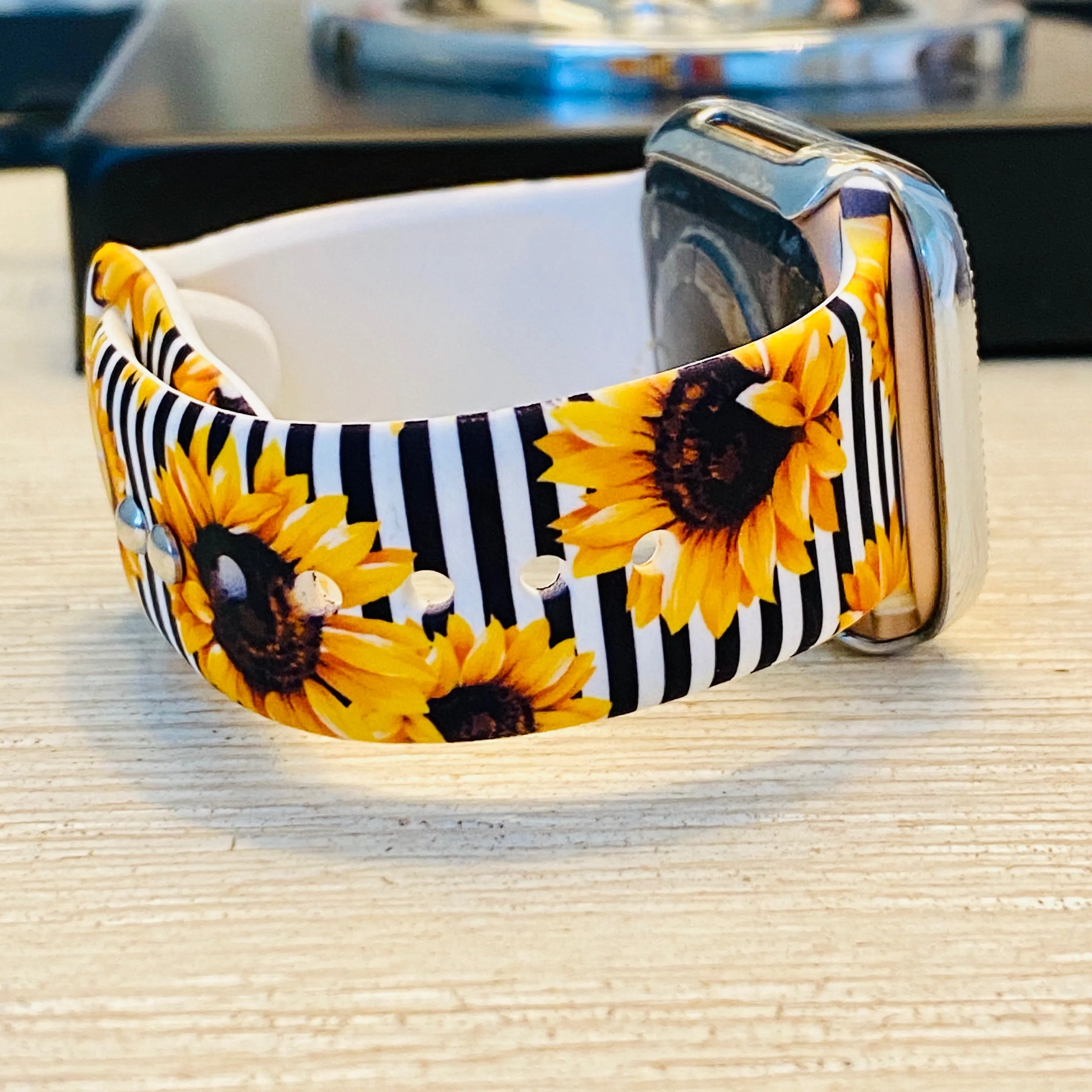 Pin Striped Sunflower Print Silicone Band For Apple Watch