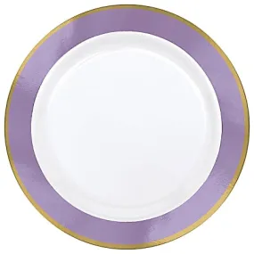 Round Premium Plastic Dinner & Dessert Plates Bright Lavender & Gold Border | 20 pc